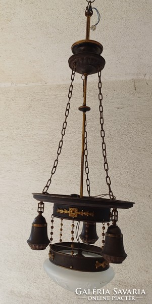 Antique art nouveau, art deco special chandelier with polished glass hammered copper decoration 3 pieces