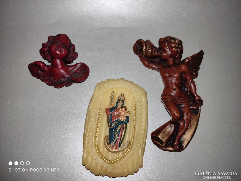 Two wax angels and a wax ornament Mary with her baby Christmas decoration