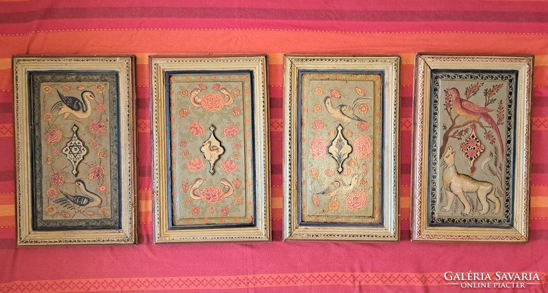 Curio: 4 antique Jewish wall plaques, wooden picture of birds (m3986)