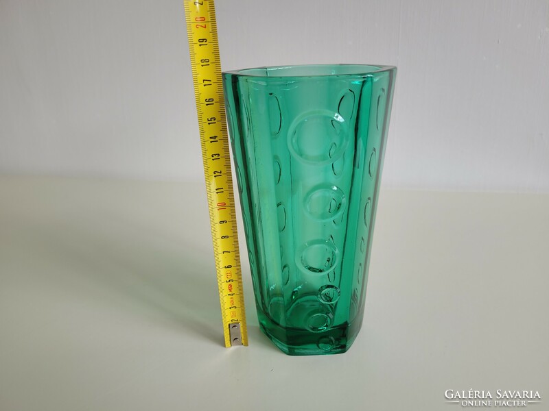 Retro kör alakú domború mintás türkiz vastagfalú zöld üveg váza régi üvegváza mid century