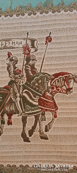 Középkori lovagos gobelin terítő, brokát terítő ritkaság (M3985)
