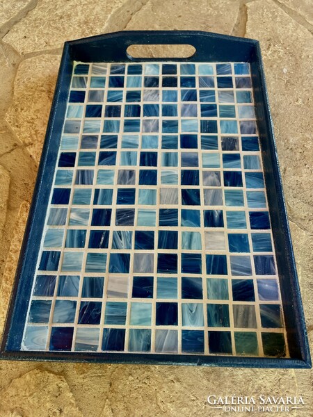 Unique stylish handmade gift blue glass mosaic wooden tray