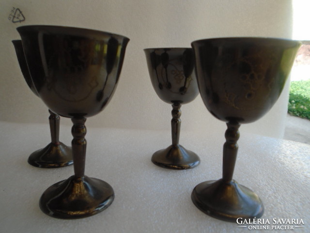 Antique metal, i.e. copper, set of glasses with engraved short drinks, super demanding, massive work