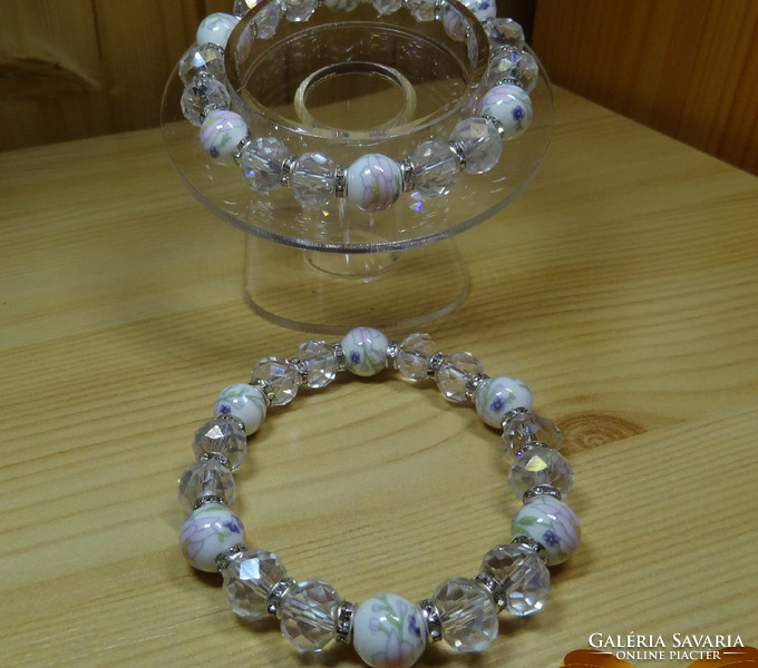 Ab crystal and green, yellow and pale purple solid pattern porcelain pearl bracelet.