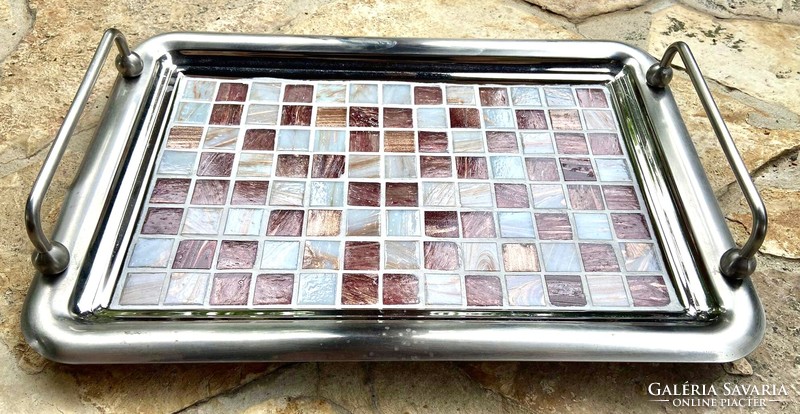 Antique alpaca tray with tongs, bronze brown cream colored glass mosaic inlay, handmade gift