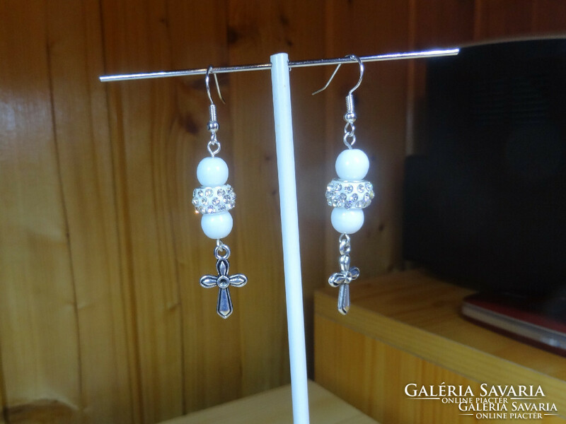 Earrings made of glass beads, crystal spacers and a cute little cross.