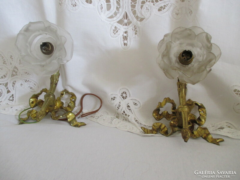 Antique Art Nouveau bronze wall arm pair with French rose glass shade