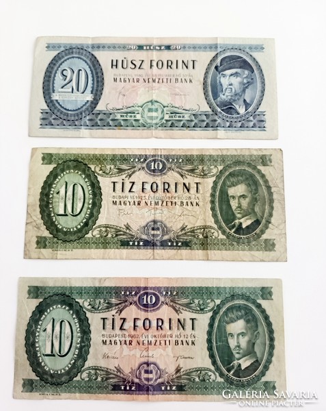 3 old 10 and 20 HUF banknotes