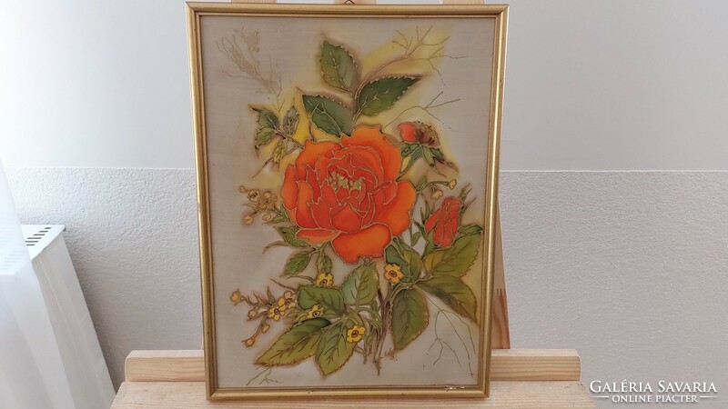 (K) beautiful flower silk picture 29x40 cm with frame