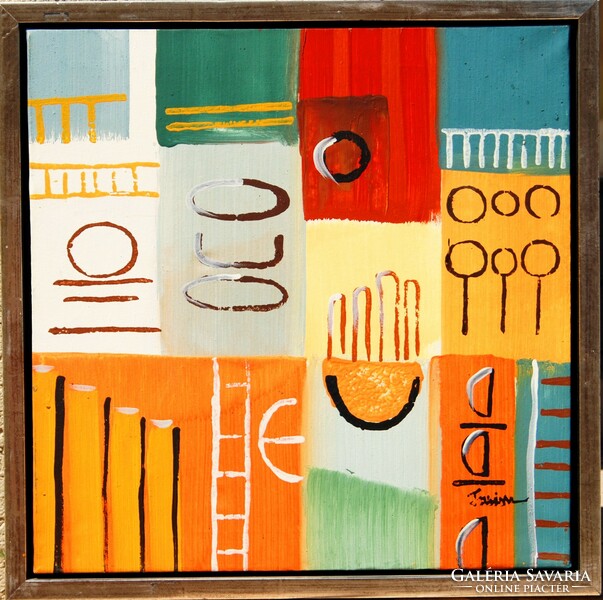 Contemporary artist: geometric motifs - framed oil on canvas painting