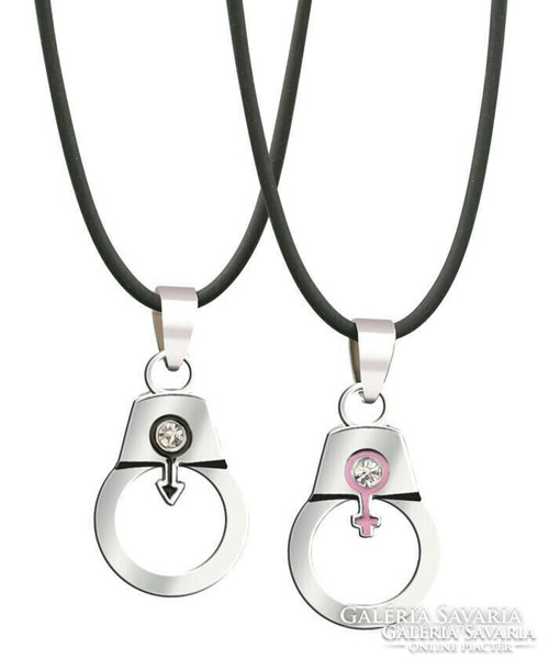 Handcuff pendant set for boys and girls, silver, with white rhinestones, on a synthetic leather chain.