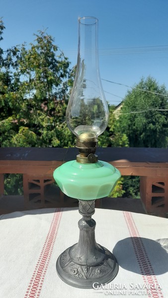 Table kerosene lamp with chalcedony glass tank, flawless, 43 cm high