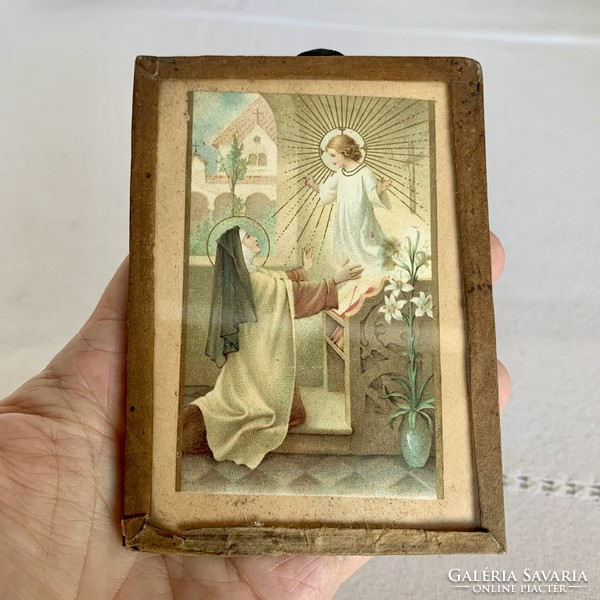 Antik Vallási kegytárgy, régi Mária Emlék angyalt ábrázoló üvegkép Glasbild mit Maria Mutter Gott