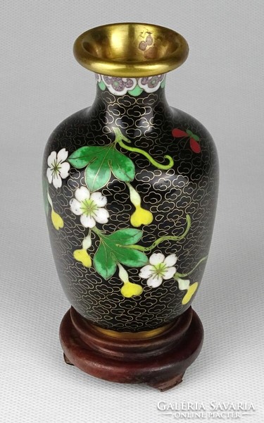 1N560 old oriental fire enamel vase on wooden pedestal 12.5 Cm