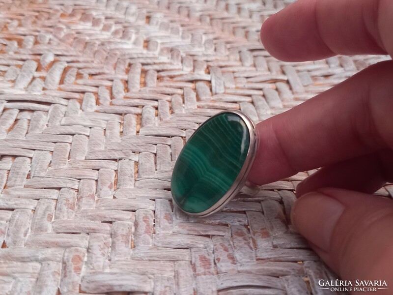 Silver ring with real malachite stone, size 8
