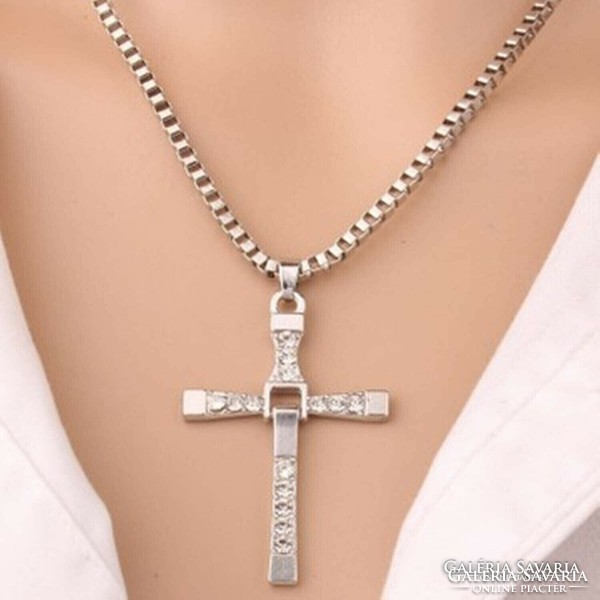 Special unisex cross pendant necklace with cube chain, decorated with crystal stone
