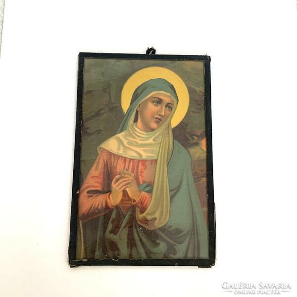 Antik Vallási kegytárgy, régi Mária Emlék szentet ábrázoló üvegkép Glasbild mit Maria Mutter Gott