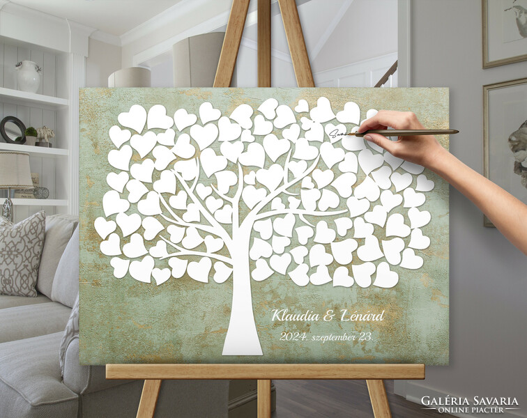 Esküvői vendégkönyv ujjlenyomatfa 60x40 cm vászonkép szív fa