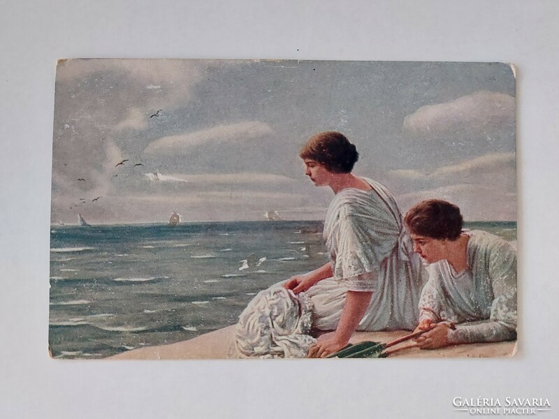 Régi művészeti képeslap 1917 levelezőlap tengerpart