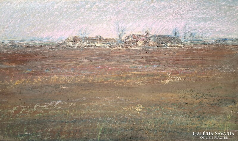 László Ugocsa: farmhouse (picture gallery oil painting) pasty landscape, lowlands, plains, houses