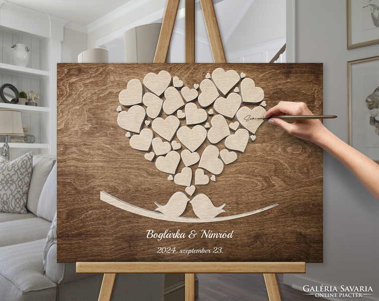 Wedding guest book fingerprint tree canvas picture 60x40 cm with heart and bird