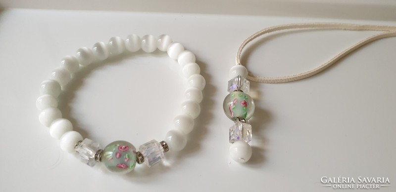 Elegant cat eye glass necklace + bracelet set