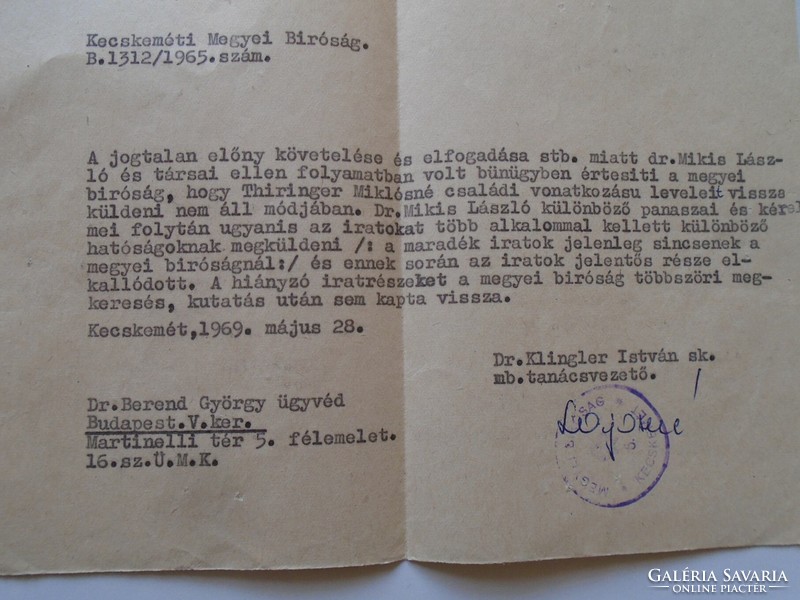 ZA287.13 Kecsekemét -Bíróság - Dr. Berend György - Thiringer -Rákosszentmihály 1969