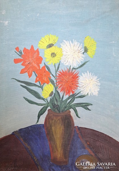 Virágcsendélet hamutállal - 1965 - retro, szocreál olajfestmény