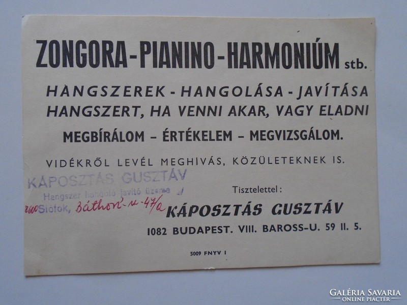 ZA287.14 Zongora Pianino Harmónium  hagolás javítás értékbecslés  Káposztás Gusztáv - Budapest