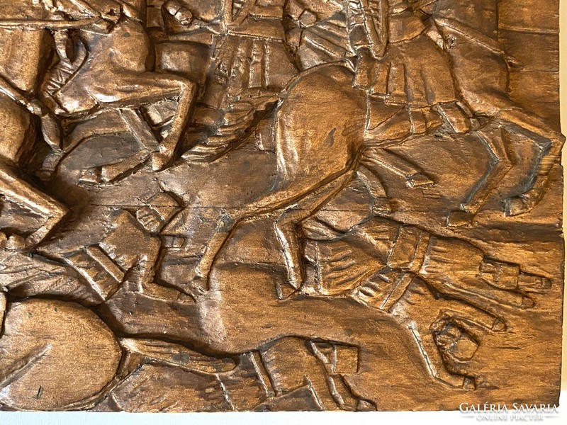 Fighting cavalry soldiers unique carved wooden wall picture 54 x 29 x 2 cm