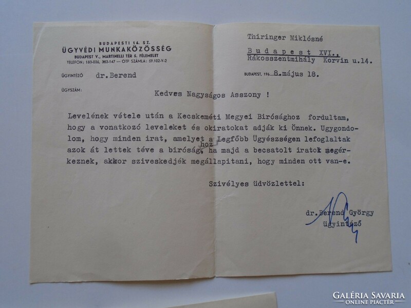 ZA287.12   Budapesti Ügyvédi Munkaközösség Dr. Berend György - Thiringer -Rákosszentmihály 1968