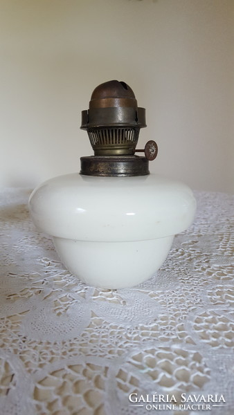 Milk glass kerosene lamp with cast iron base
