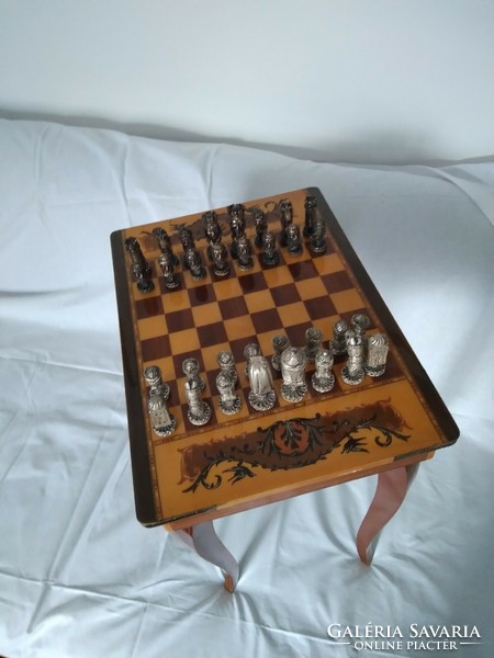 Inlaid musical chess table with metal - probably lead - pieces