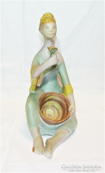 Girl with bowl and flower - glazed ceramic figurine - butcher's gauze?