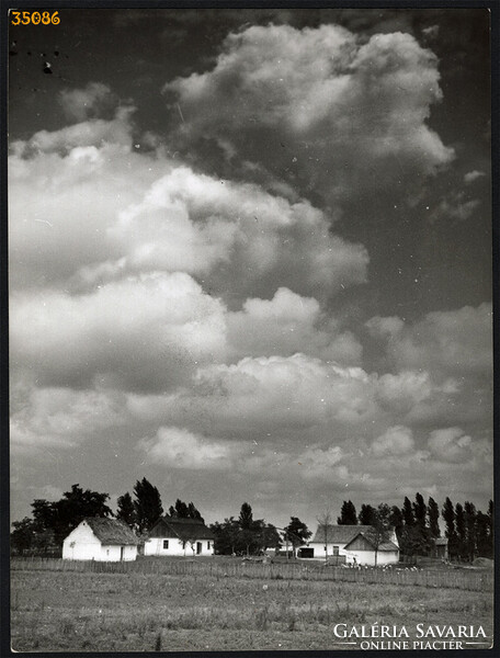 Larger size, photo art work by István Szendrő. Lowland farm with clouds, landscape, 1930s.