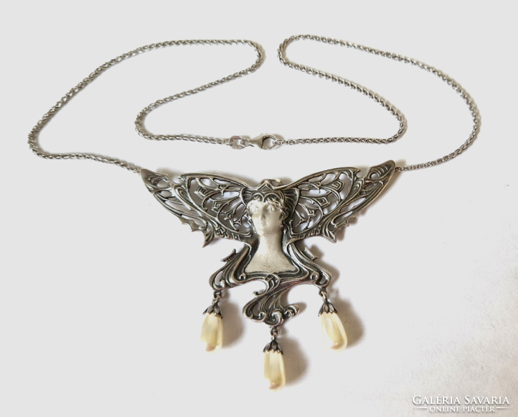 Art Nouveau silver necklaces, cultured pearls