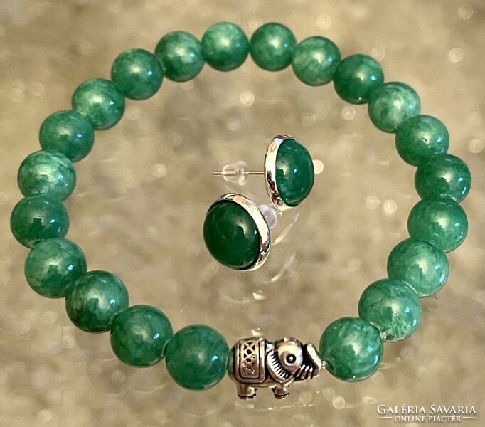 Green Jade Mineral Bracelet Silver Color Lucky Elephant Ornament Stud Earrings Mineral Jewelry Set
