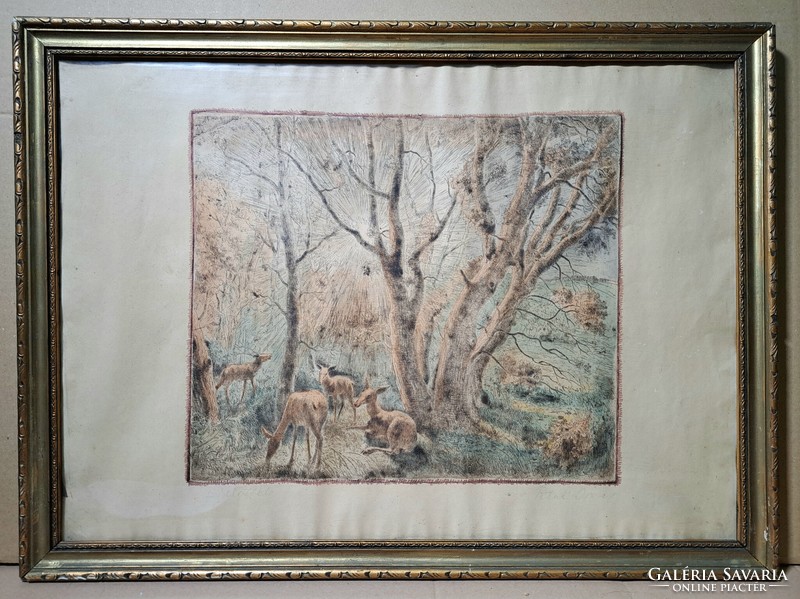 József Pituk: edge of the forest - colored etching with animals