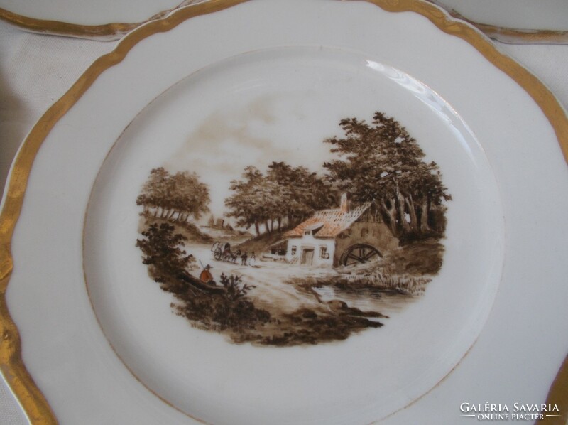 Gilded, antique decorative plate, village scene plate 5 pcs