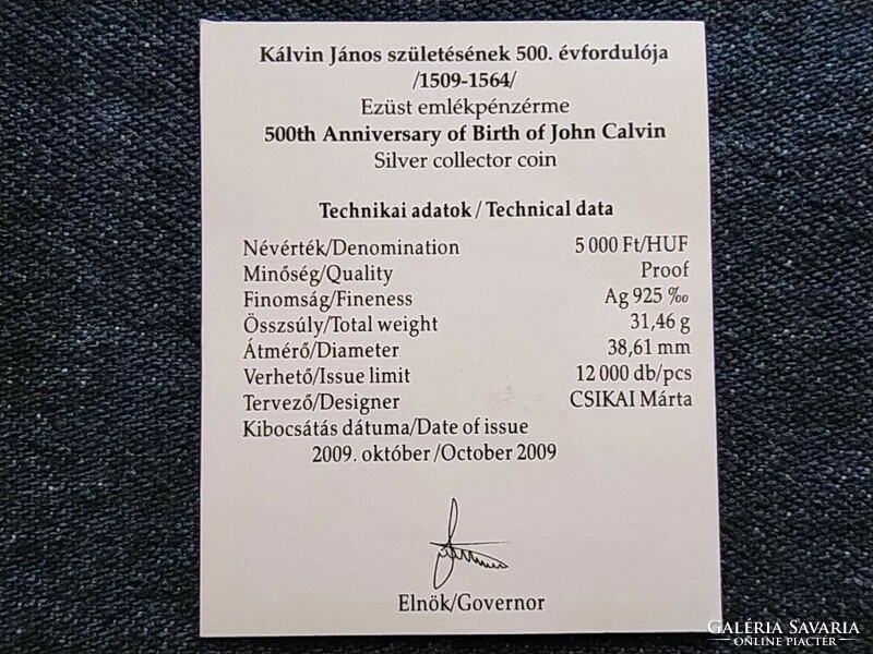 János Kálvin .925 Silver Certificate of HUF 5,000 2009 (id58809)