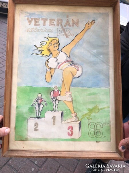 Szines karikatúra, Stefi szinó, a Veterán Atlétikai Európa bajnokságról, 1986