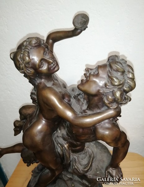 Nymph and faun - large antique bronze statue with French guarantee mark.