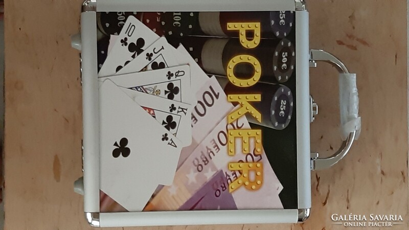 Poker set with 100 chips, dice, cards in a lockable metal box, new