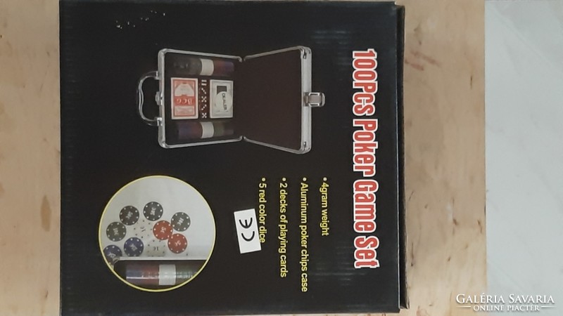 Poker set with 100 chips, dice, cards in a lockable metal box, new