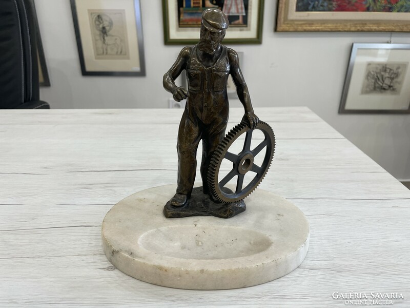 Bronze worker statue social real ganz factory metal worker ashtray business card holder