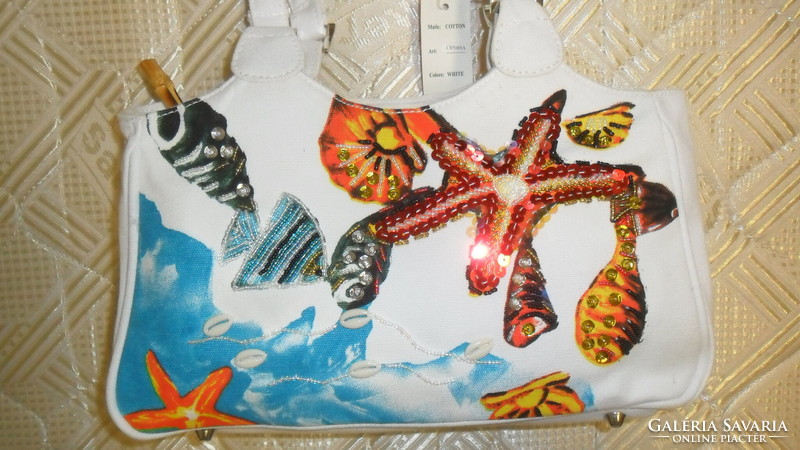 Last pieces! Colorful, fun summer canvas bag with pearls, sequins, and seashell decoration.