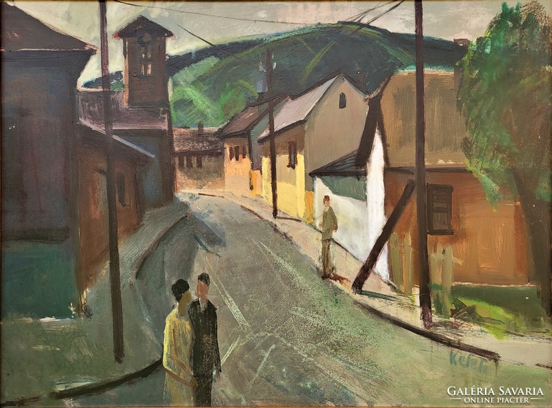 Id. Keleti Jenő (1920 - 1998) Sétálók Utcakép c. Képcsarnokos festménye Eredeti Garanciával!