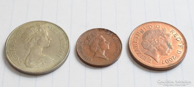 United Kingdom 1 pence 1997 , 10 new pence 1970 , 2 pence 2007 , money , coin , 3 pieces