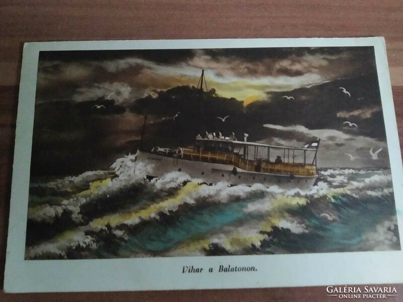 Régi képeslap, Vihar a Balatonon, hajó, Karinger kiadás, bélyegezve 1940