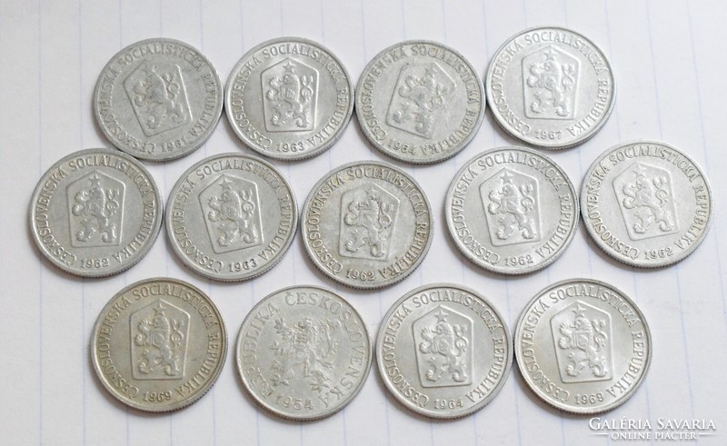 Csehszlovákia 10 heller , 1954 , 1961 ,-62 ,-63 ,-64 ,-67 ,-69 , pénz , érme , 13darab